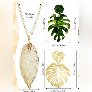 Tropical palm leaf earrings and leaf necklace vacation set in gold & green NWT